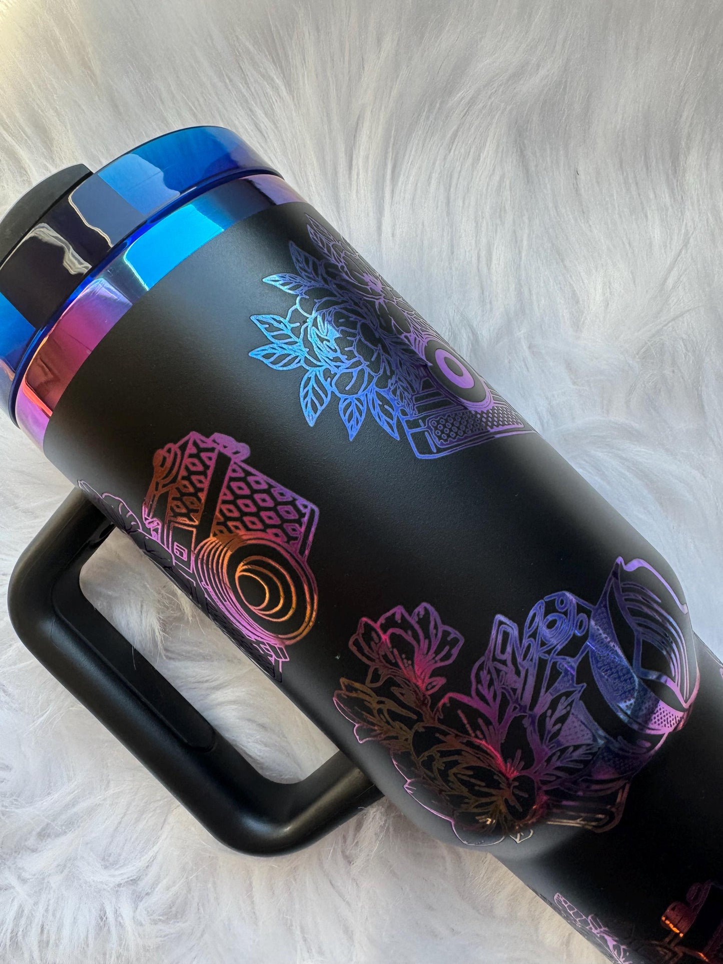Photography n Floral 40 oz engraved tumbler~ Photographer gift~ Photographer Tumbler~ Insulated hot and cold 40 oz Tumbler~ Black Chroma