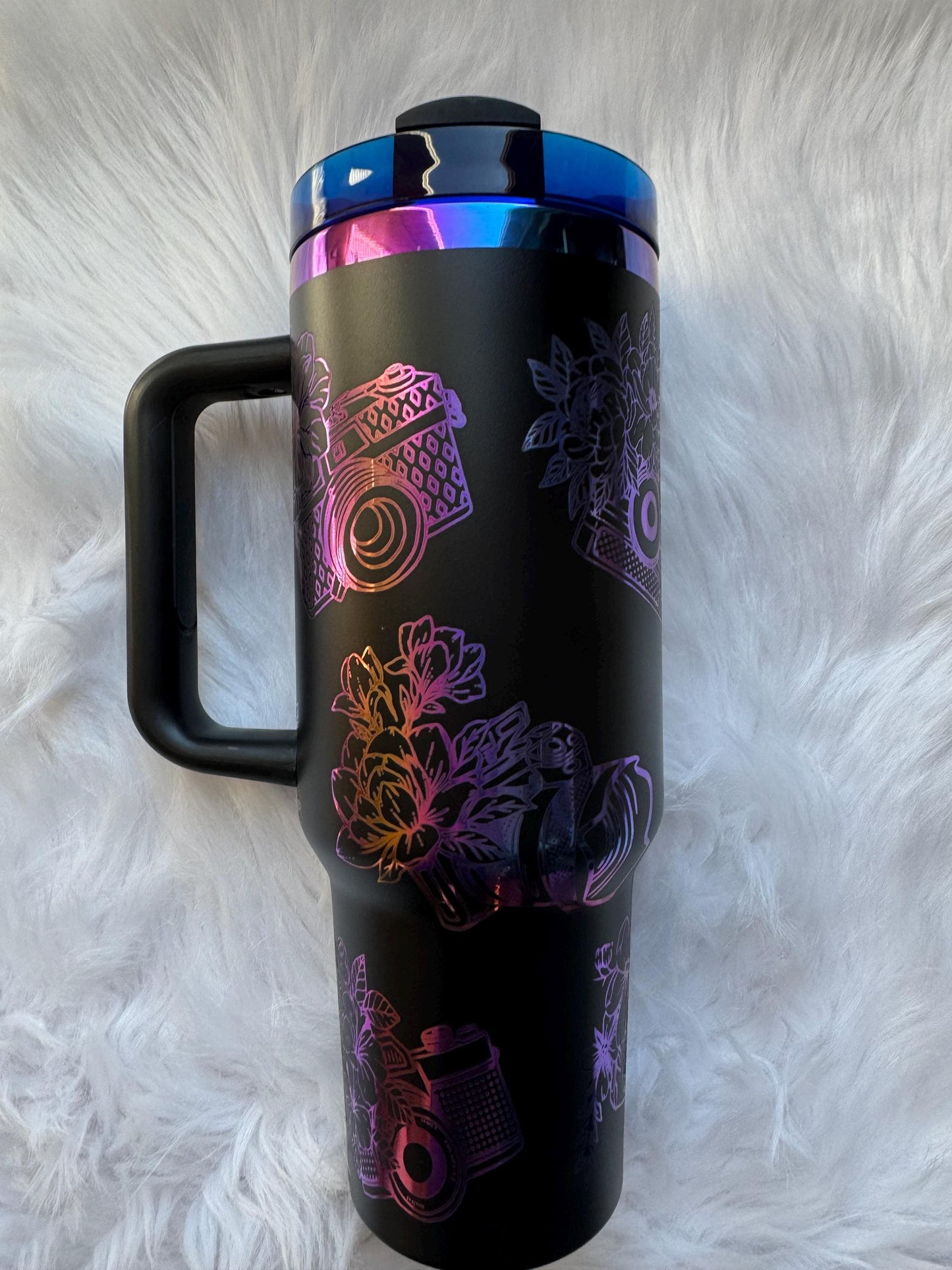 Photography n Floral 40 oz engraved tumbler~ Photographer gift~ Photographer Tumbler~ Insulated hot and cold 40 oz Tumbler~ Black Chroma