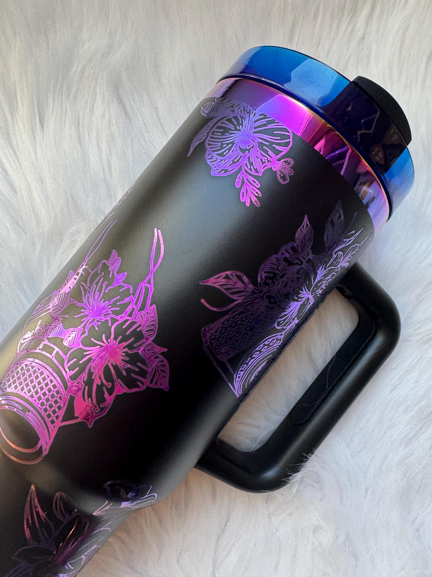 Photography n Floral 40 oz engraved tumbler~ Photographer gift~ Photographer Tumbler~ Insulated hot and cold 40 oz Tumbler~ Black Chroma