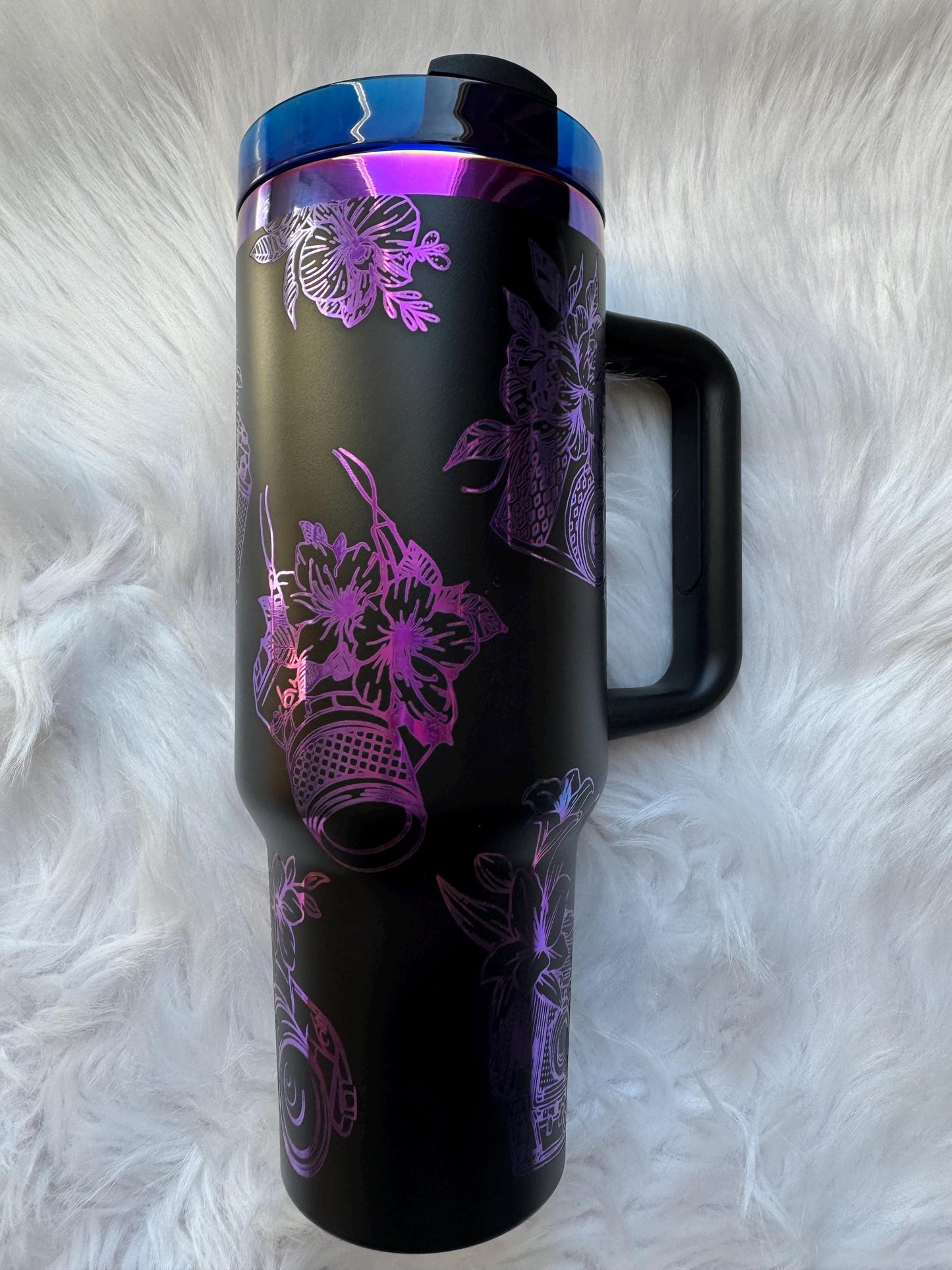 Photography n Floral 40 oz engraved tumbler~ Photographer gift~ Photographer Tumbler~ Insulated hot and cold 40 oz Tumbler~ Black Chroma