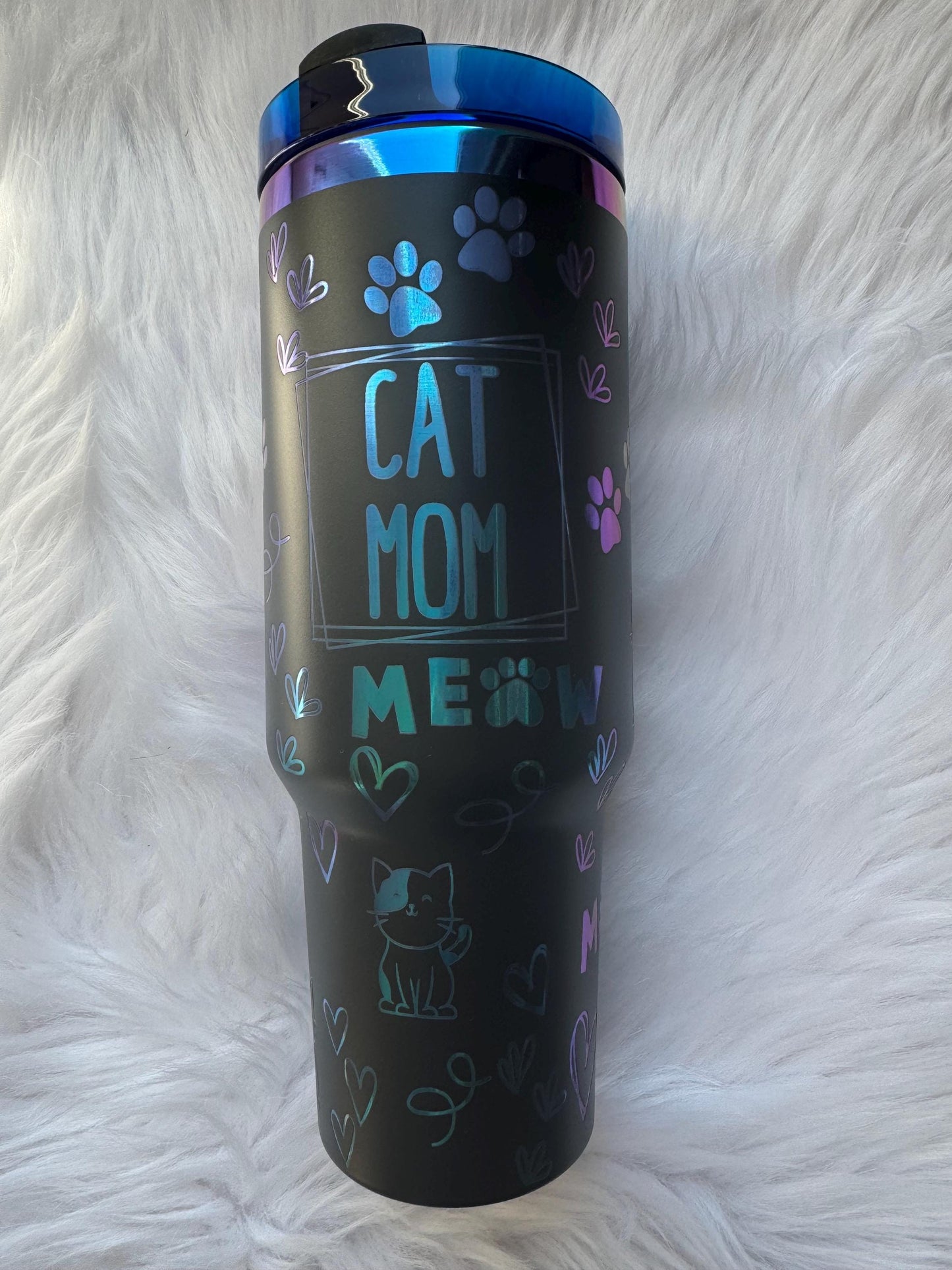 Cat Mom oz engraved tumbler~ Cat lover gift~ Insulated hot and cold 40 oz Tumbler ~Custom Engraved Tumbler~Cat mom gift~Black Chroma