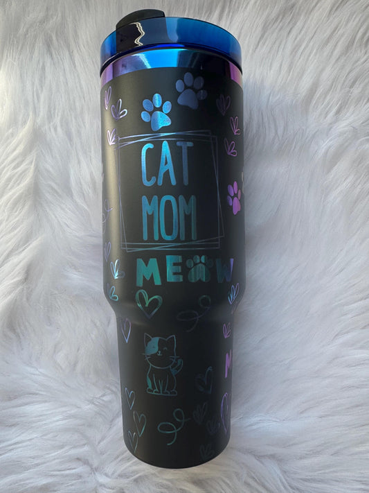 Cat Mom oz engraved tumbler~ Cat lover gift~ Insulated hot and cold 40 oz Tumbler ~Custom Engraved Tumbler~Cat mom gift~Black Chroma