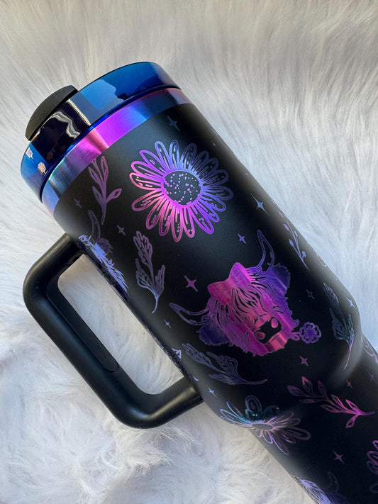 Highland Cow  oz engraved tumbler~ Cow lover gift~ Insulated hot and cold 40 oz Tumbler ~Custom Engraved Tumbler~ Black Chroma
