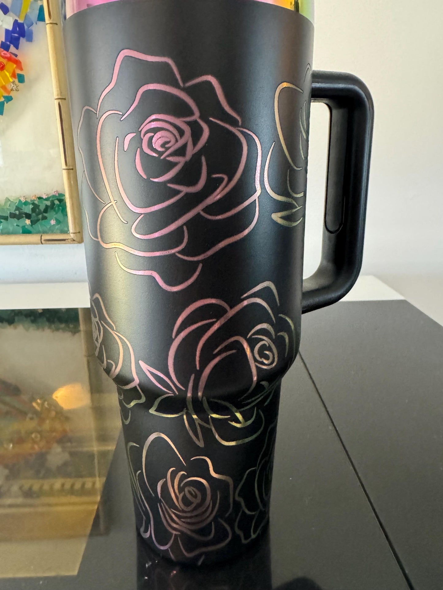 Rose 40 oz engraved tumbler~ Rose lover gift~ Insulated hot and cold 40 oz Tumbler ~Custom Engraved Tumbler~Black Chroma