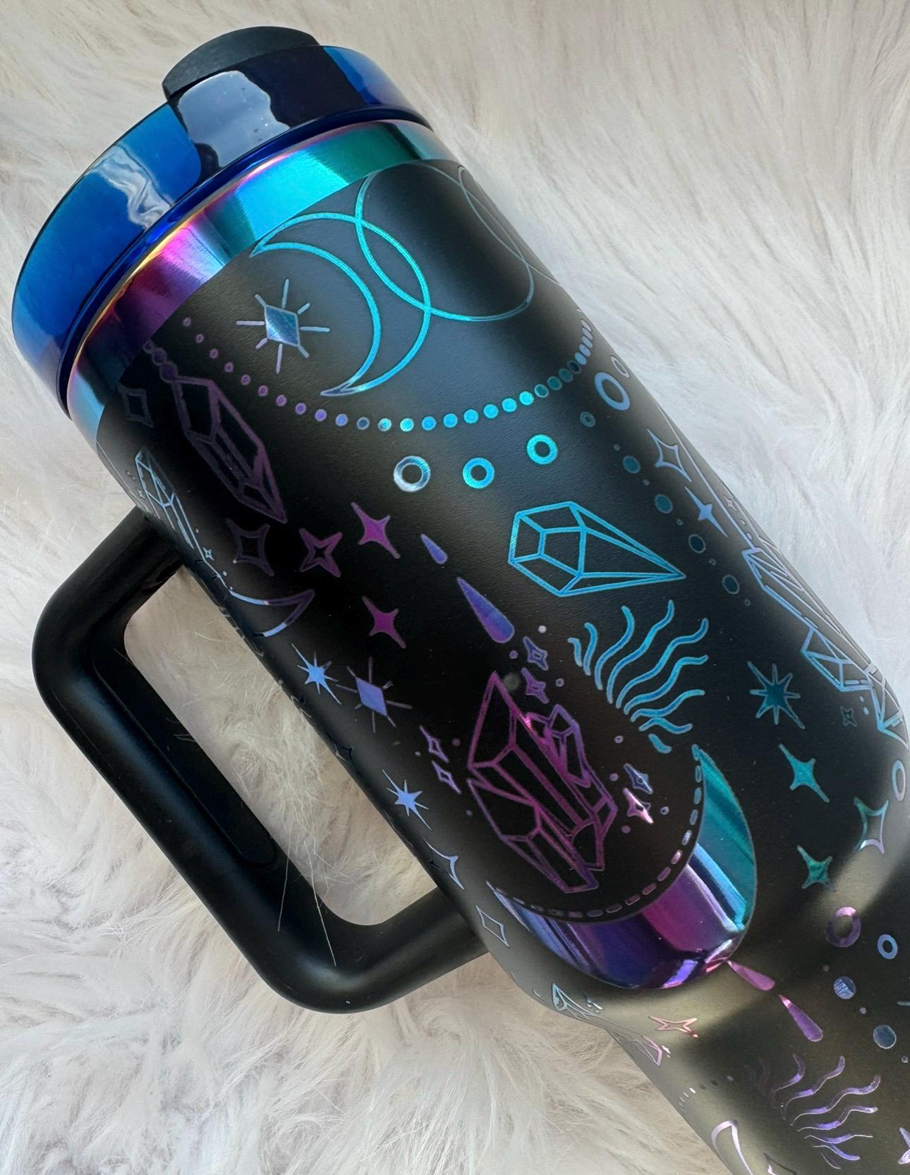 Crystals and Moons 40 oz engraved tumbler~ Crystals lover gift~ Insulated hot and cold 40 oz Tumbler ~Custom Engraved Tumbler~Boho Crystals