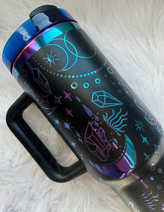 Crystals and Moons 40 oz engraved tumbler~ Crystals lover gift~ Insulated hot and cold 40 oz Tumbler ~Custom Engraved Tumbler~Boho Crystals