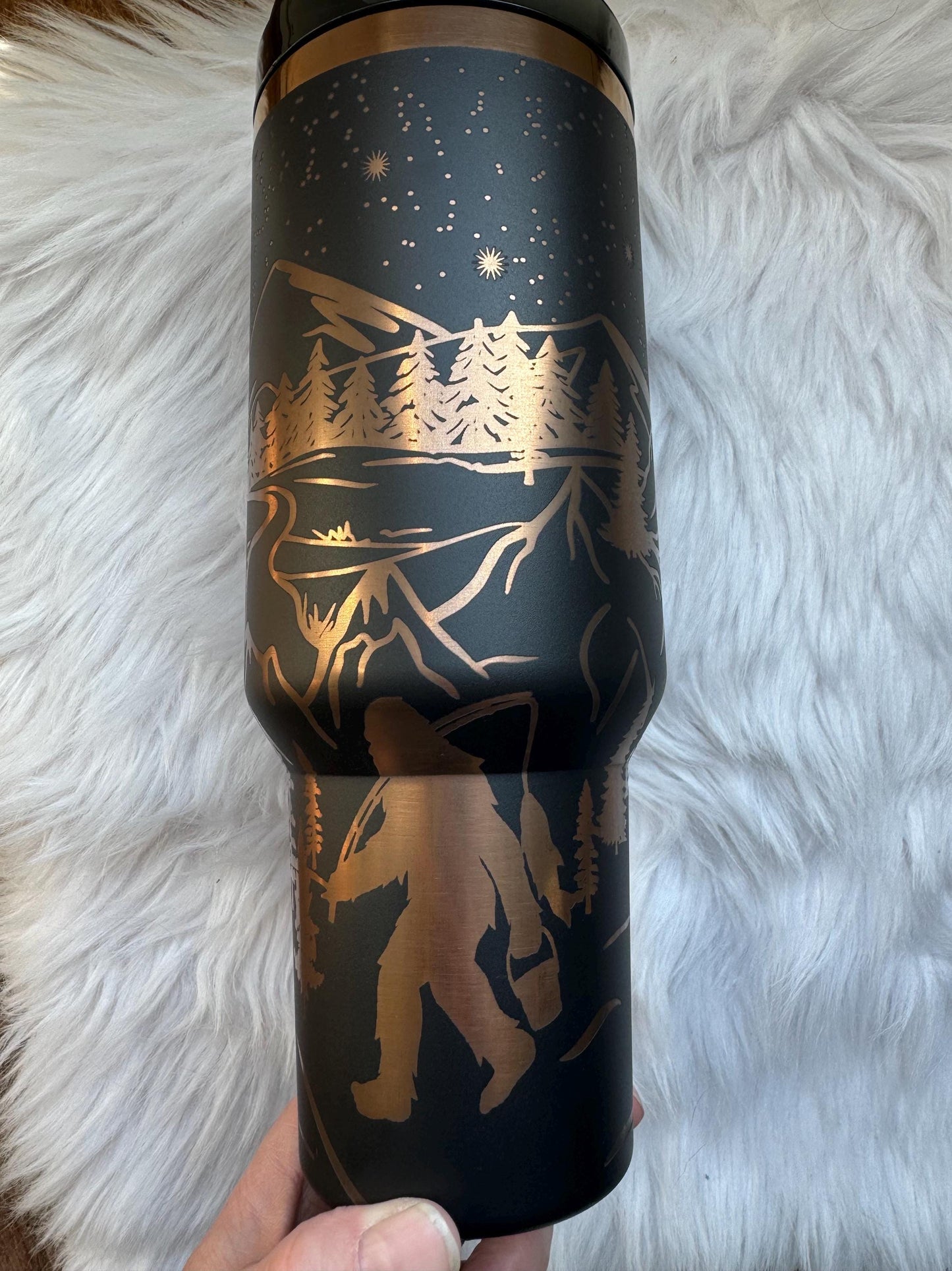Bigfoot  40 oz engraved tumbler~ Bigfoot lover gift~ Insulated hot and cold 40 oz Tumbler ~Custom Engraved Tumbler~Cat mom gift~Black Chroma