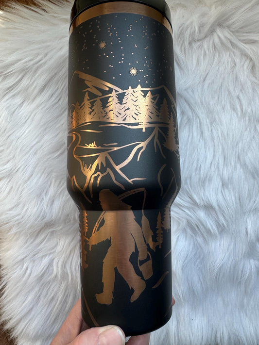 Bigfoot  40 oz engraved tumbler~ Bigfoot lover gift~ Insulated hot and cold 40 oz Tumbler ~Custom Engraved Tumbler~Cat mom gift~Black Chroma