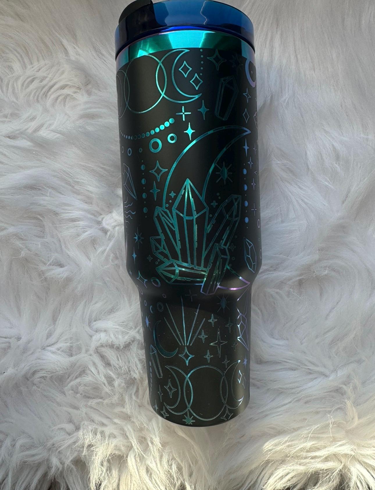 Crystals and Moons 40 oz engraved tumbler~ Crystals lover gift~ Insulated hot and cold 40 oz Tumbler ~Custom Engraved Tumbler~Boho Crystals