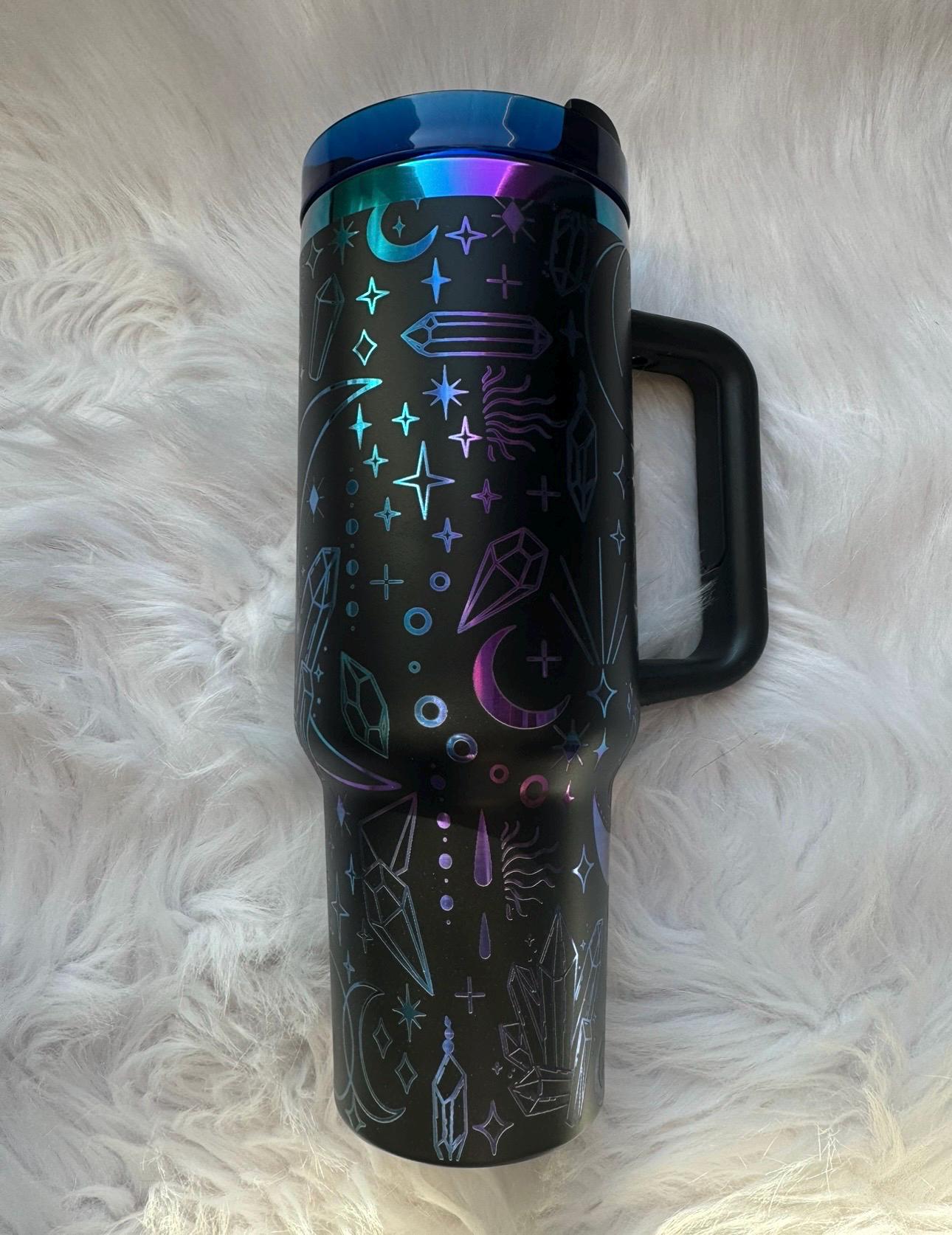 Crystals and Moons 40 oz engraved tumbler~ Crystals lover gift~ Insulated hot and cold 40 oz Tumbler ~Custom Engraved Tumbler~Boho Crystals