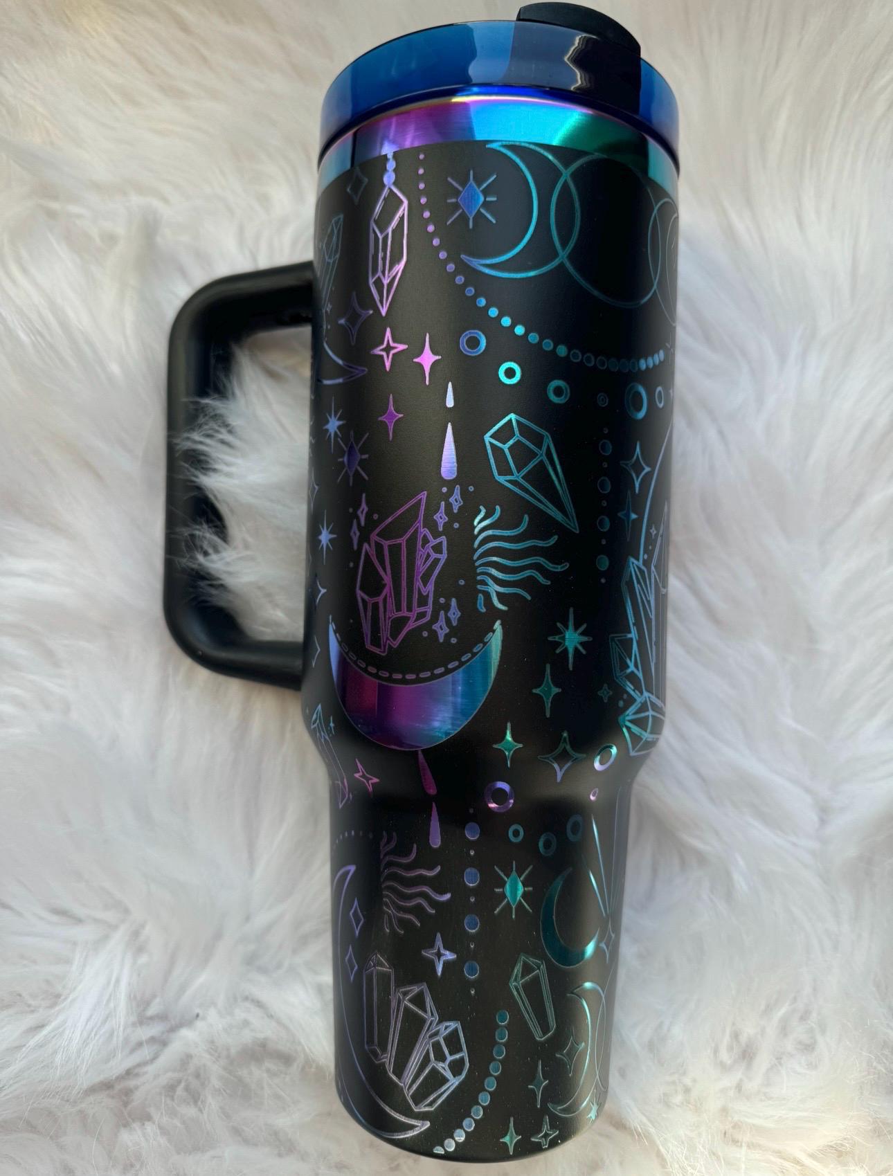 Crystals and Moons 40 oz engraved tumbler~ Crystals lover gift~ Insulated hot and cold 40 oz Tumbler ~Custom Engraved Tumbler~Boho Crystals