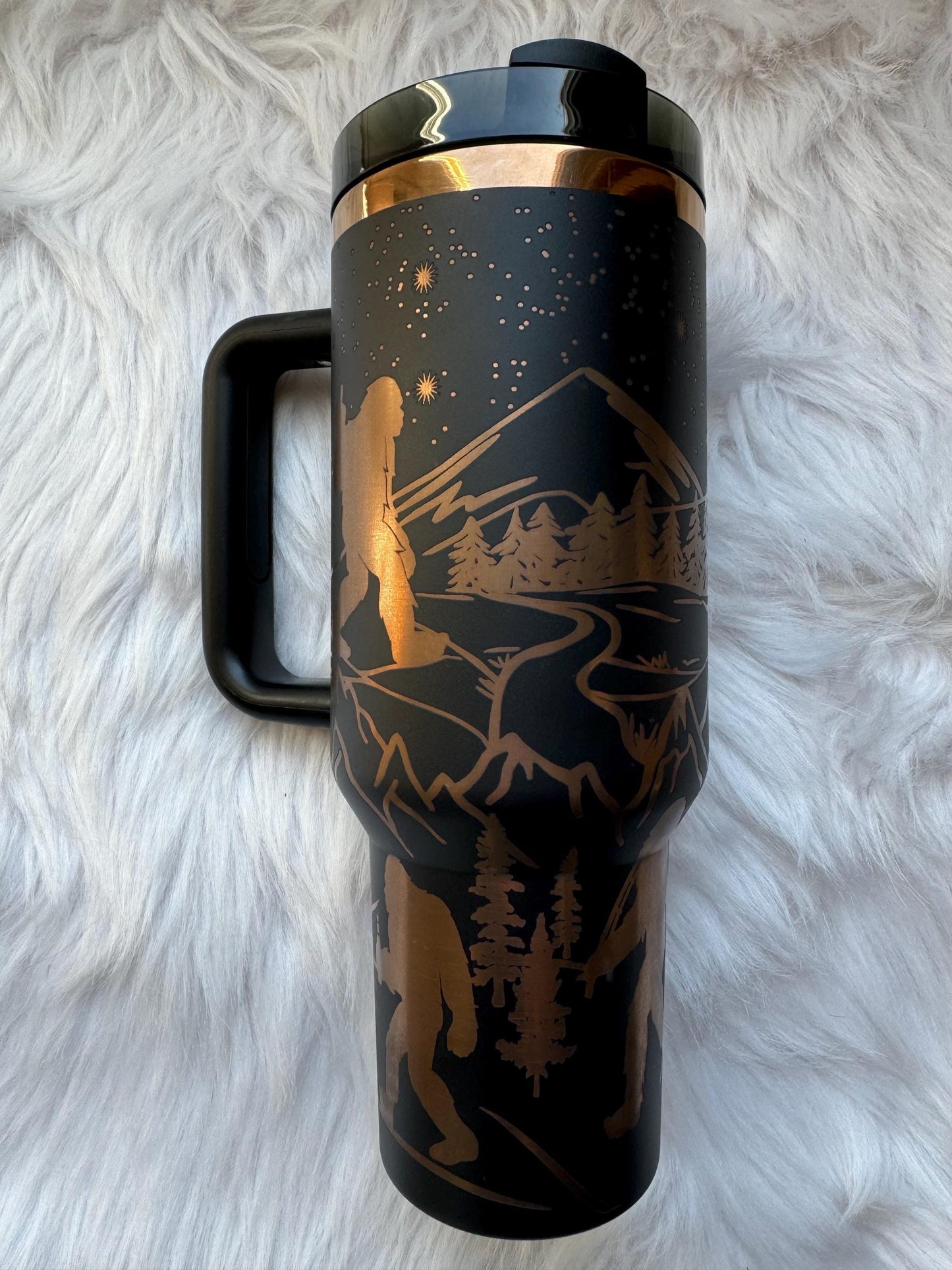Bigfoot  40 oz engraved tumbler~ Bigfoot lover gift~ Insulated hot and cold 40 oz Tumbler ~Custom Engraved Tumbler~Cat mom gift~Black Chroma