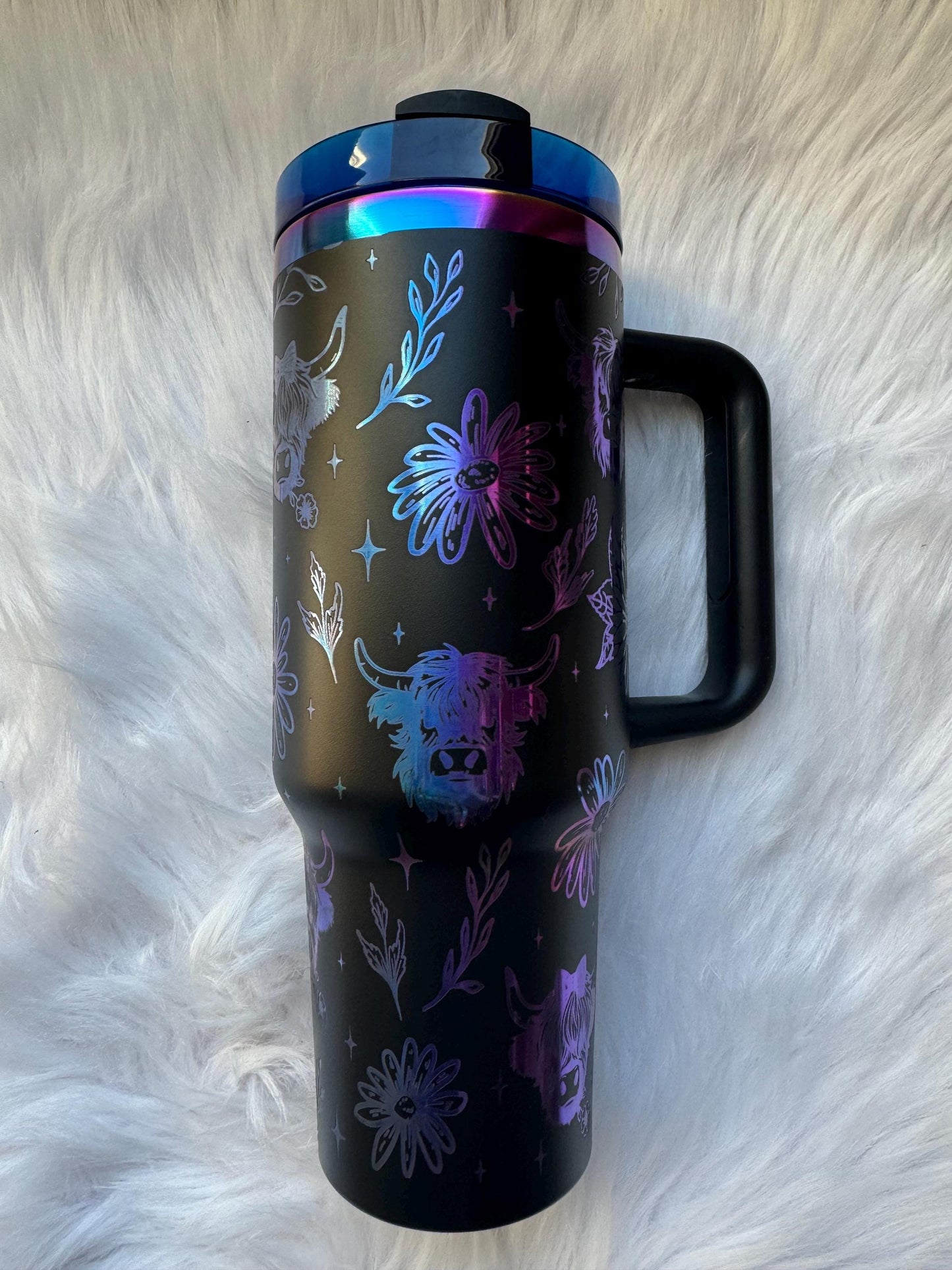 Highland Cow  oz engraved tumbler~ Cow lover gift~ Insulated hot and cold 40 oz Tumbler ~Custom Engraved Tumbler~ Black Chroma