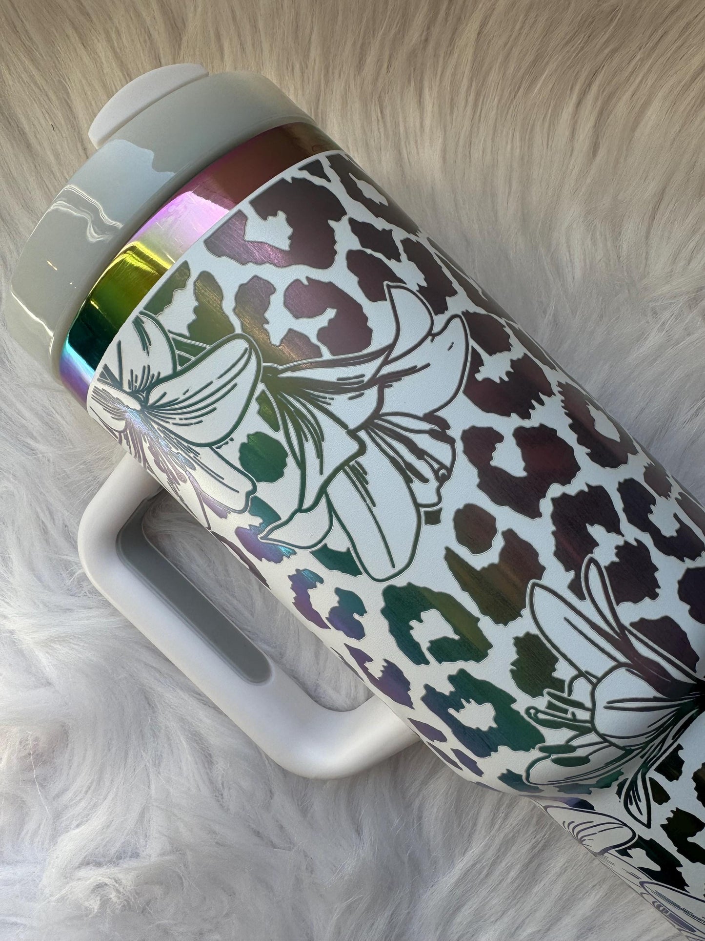 Leopard and Lily  oz engraved tumbler~ Lily and Leapord gift~ Insulated hot and cold 40 oz Tumbler ~Custom Engraved Tumbler~ Black Chroma