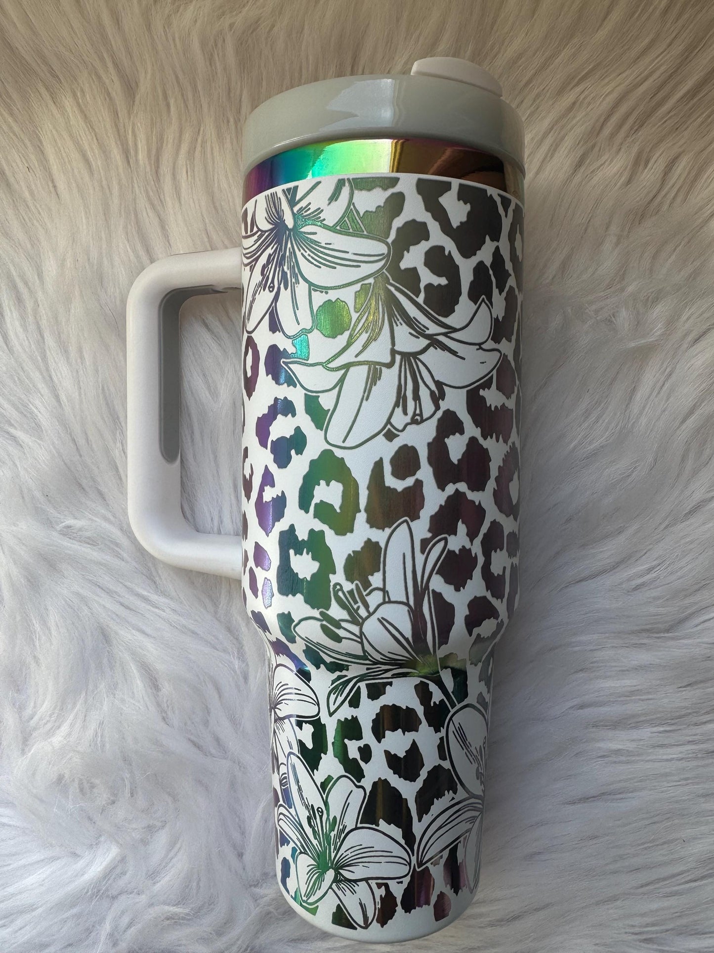 Leopard and Lily  oz engraved tumbler~ Lily and Leapord gift~ Insulated hot and cold 40 oz Tumbler ~Custom Engraved Tumbler~ Black Chroma