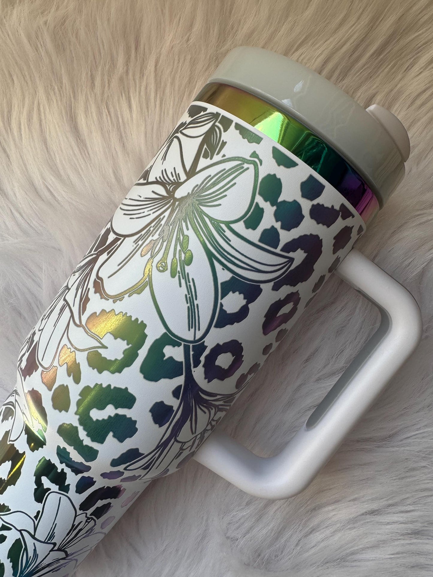 Leopard and Lily  oz engraved tumbler~ Lily and Leapord gift~ Insulated hot and cold 40 oz Tumbler ~Custom Engraved Tumbler~ Black Chroma