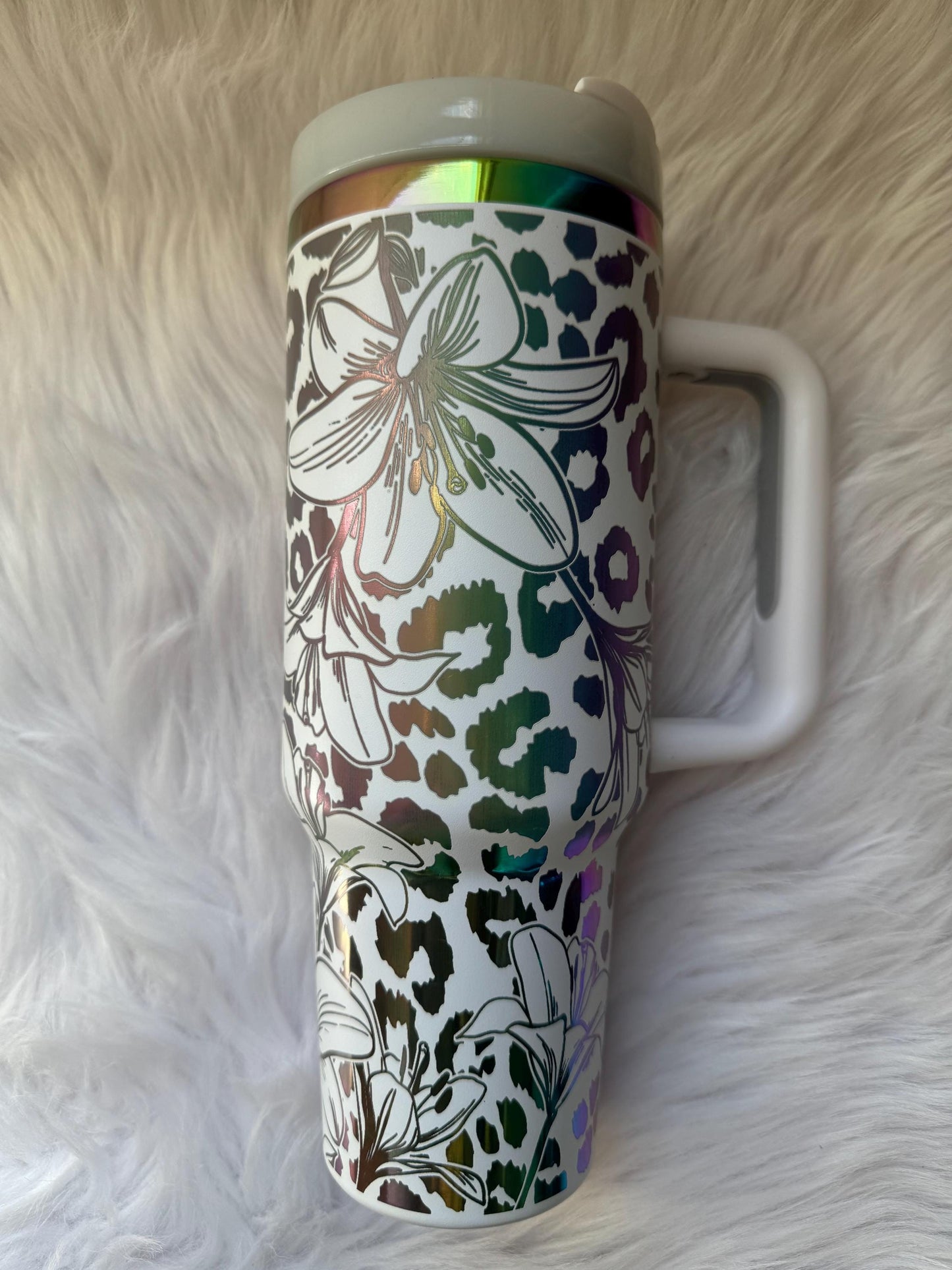 Leopard and Lily  oz engraved tumbler~ Lily and Leapord gift~ Insulated hot and cold 40 oz Tumbler ~Custom Engraved Tumbler~ Black Chroma