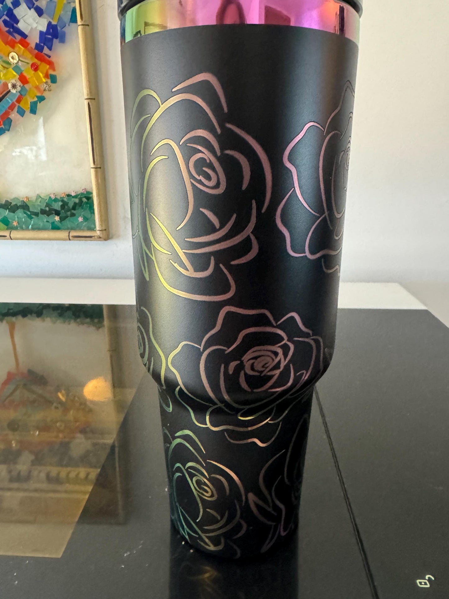 Rose 40 oz engraved tumbler~ Rose lover gift~ Insulated hot and cold 40 oz Tumbler ~Custom Engraved Tumbler~Black Chroma