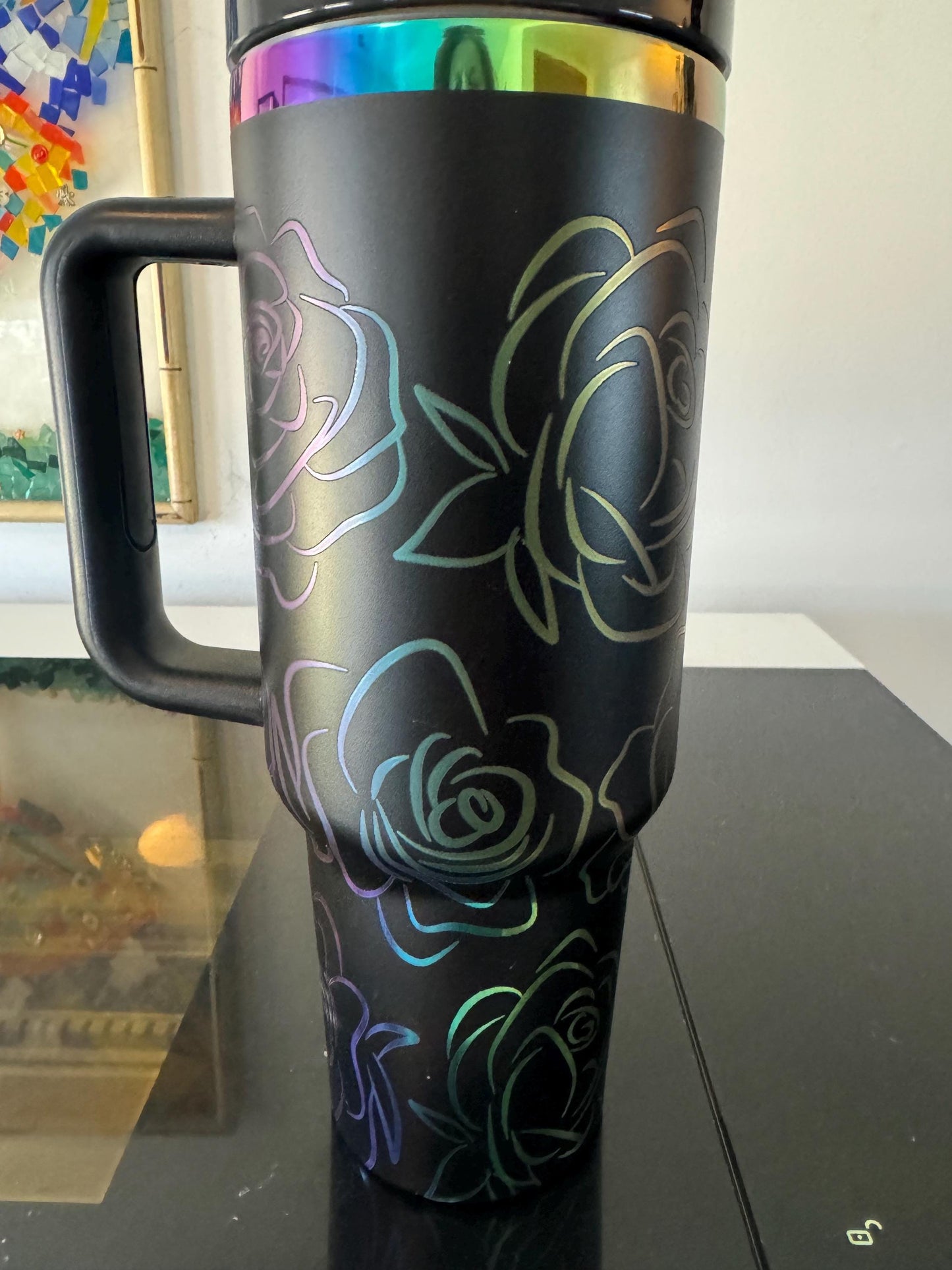 Rose 40 oz engraved tumbler~ Rose lover gift~ Insulated hot and cold 40 oz Tumbler ~Custom Engraved Tumbler~Black Chroma